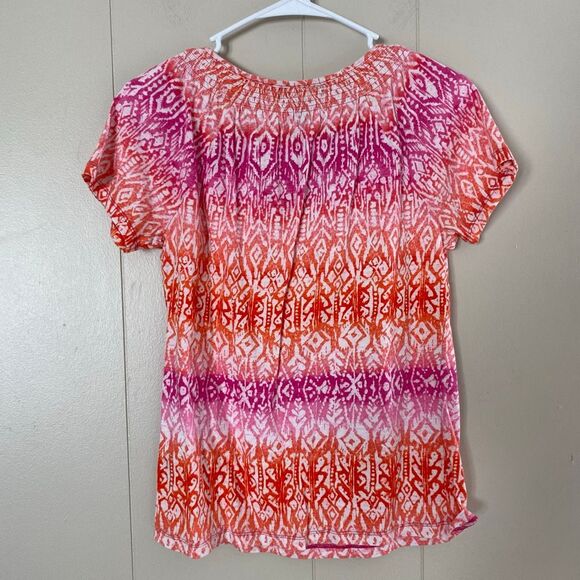 Lauren Ralph Lauren Top Small Pink Orange Ikat Print Tassel Peasant Blouse Boho - Picture 2 of 5